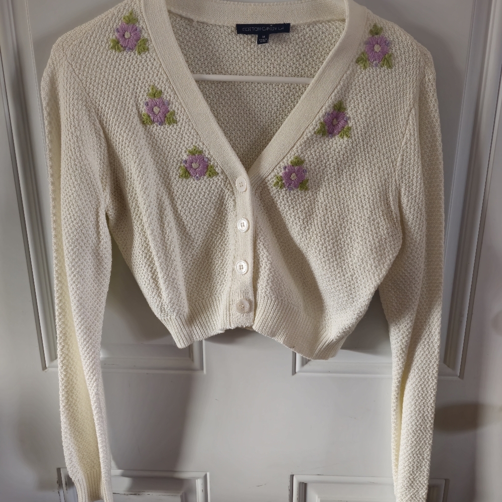 Spring Cream Cardigan with Purple Floral Embroidery